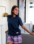 Women summer pajama set Dark Blue Tee + Purple X Navy Plaid shorts